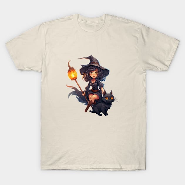 Halloween Witch Black Cat and Pumpkins T-Shirt by CoolHippoQuotes